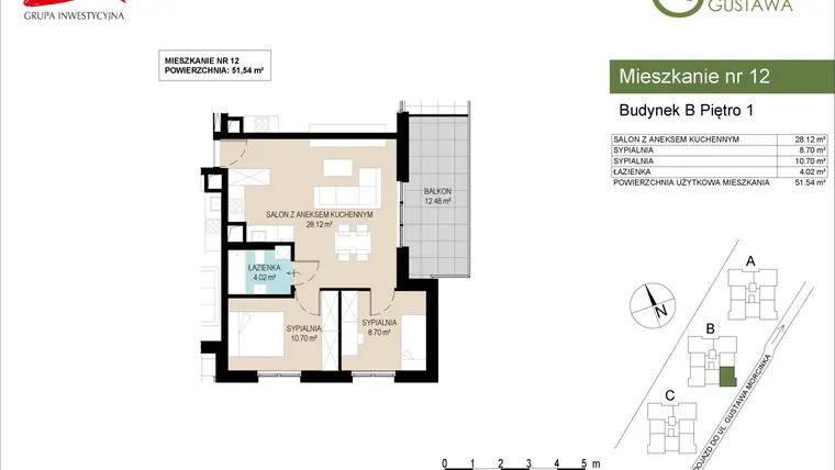 Rzut - Mieszkanie na sprzedaż 3 pokoje o powierzchni 51,54 m² - numer B12 w Wzgórze Gustawa