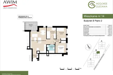 Rzut - Mieszkanie na sprzedaż 4 pokoje o powierzchni 59,32 m² - numer B14 w Wzgórze Gustawa