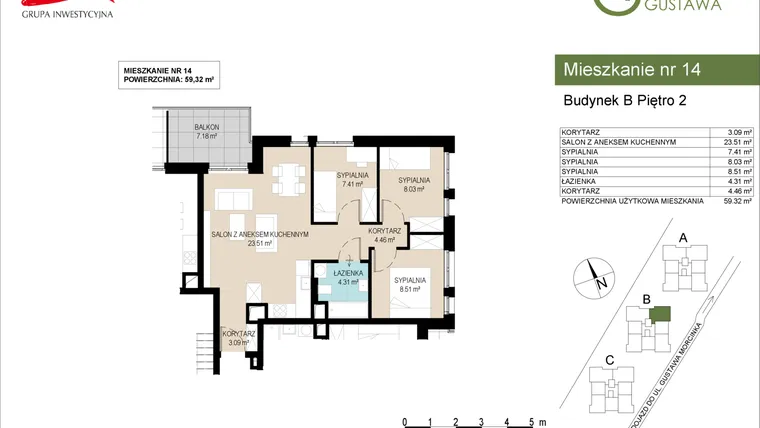 Rzut - Mieszkanie na sprzedaż 4 pokoje o powierzchni 59,32 m² - numer B14 w Wzgórze Gustawa