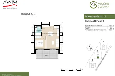 Rzut - Mieszkanie na sprzedaż 2 pokoje o powierzchni 36,09 m² - numer B11 w Wzgórze Gustawa