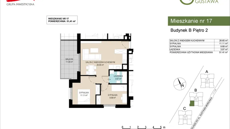 Rzut - Mieszkanie na sprzedaż 3 pokoje o powierzchni 51,41 m² - numer B17 w Wzgórze Gustawa