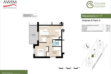 Rzut - Mieszkanie na sprzedaż 3 pokoje o powierzchni 51,41 m² - numer B17 w Wzgórze Gustawa