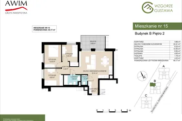 Rzut - Mieszkanie na sprzedaż 4 pokoje o powierzchni 65,17 m² - numer B15 w Wzgórze Gustawa