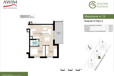 Rzut - Mieszkanie na sprzedaż 3 pokoje o powierzchni 51,54 m² - numer B19 w Wzgórze Gustawa