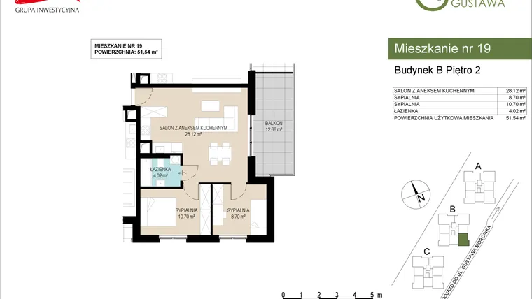 Rzut - Mieszkanie na sprzedaż 3 pokoje o powierzchni 51,54 m² - numer B19 w Wzgórze Gustawa