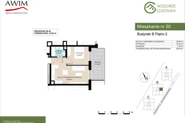 Rzut - Mieszkanie na sprzedaż 2 pokoje o powierzchni 35,05 m² - numer B20 w Wzgórze Gustawa