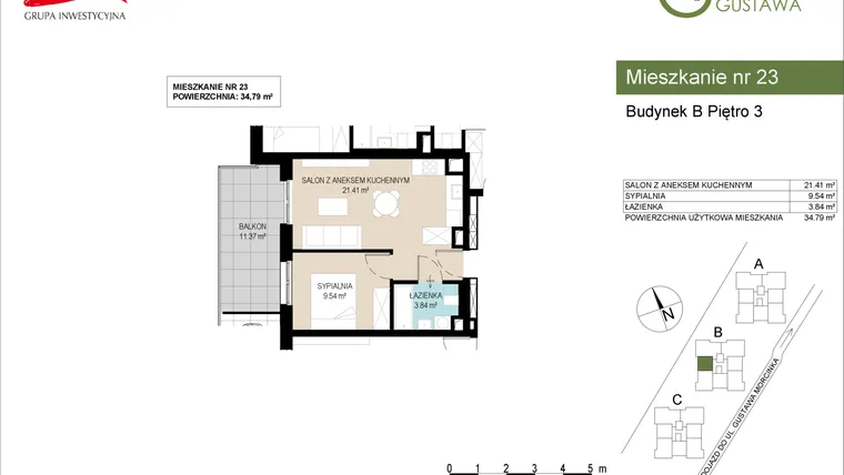 Rzut - Mieszkanie na sprzedaż 2 pokoje o powierzchni 34,79 m² - numer B23 w Wzgórze Gustawa
