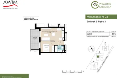 Rzut - Mieszkanie na sprzedaż 2 pokoje o powierzchni 34,79 m² - numer B23 w Wzgórze Gustawa
