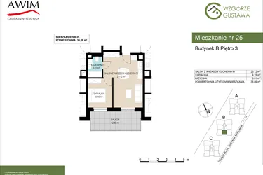 Rzut - Mieszkanie na sprzedaż 2 pokoje o powierzchni 36,09 m² - numer B25 w Wzgórze Gustawa