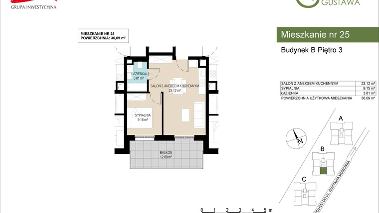 Rzut - Mieszkanie na sprzedaż 2 pokoje o powierzchni 36,09 m² - numer B25 w Wzgórze Gustawa