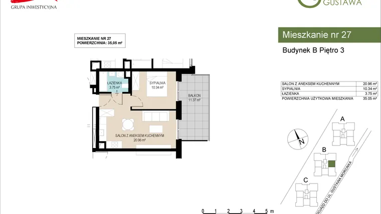 Rzut - Mieszkanie na sprzedaż 2 pokoje o powierzchni 35,05 m² - numer B27 w Wzgórze Gustawa