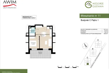 Rzut - Mieszkanie na sprzedaż 2 pokoje o powierzchni 36,09 m² - numer C11 w Wzgórze Gustawa
