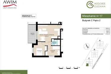 Rzut - Mieszkanie na sprzedaż 3 pokoje o powierzchni 51,41 m² - numer C17 w Wzgórze Gustawa