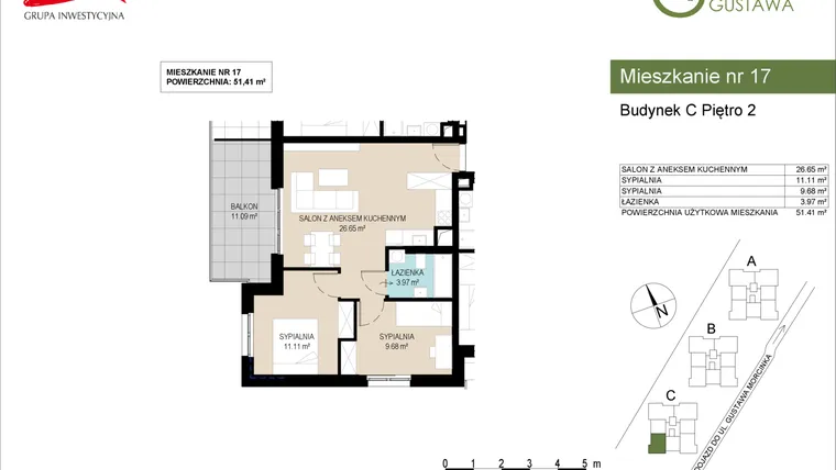 Rzut - Mieszkanie na sprzedaż 3 pokoje o powierzchni 51,41 m² - numer C17 w Wzgórze Gustawa