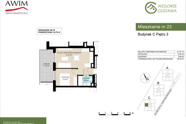 Rzut - Mieszkanie na sprzedaż 2 pokoje o powierzchni 34,79 m² - numer C23 w Wzgórze Gustawa