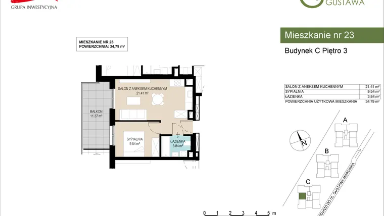 Rzut - Mieszkanie na sprzedaż 2 pokoje o powierzchni 34,79 m² - numer C23 w Wzgórze Gustawa