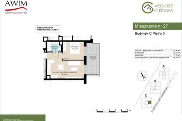 Rzut - Mieszkanie na sprzedaż 2 pokoje o powierzchni 35,05 m² - numer C27 w Wzgórze Gustawa