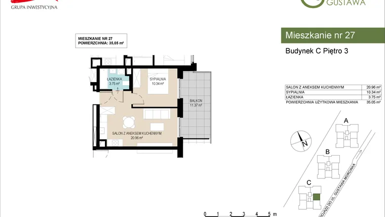 Rzut - Mieszkanie na sprzedaż 2 pokoje o powierzchni 35,05 m² - numer C27 w Wzgórze Gustawa