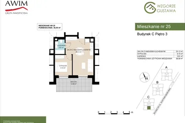 Rzut - Mieszkanie na sprzedaż 2 pokoje o powierzchni 36,09 m² - numer C25 w Wzgórze Gustawa