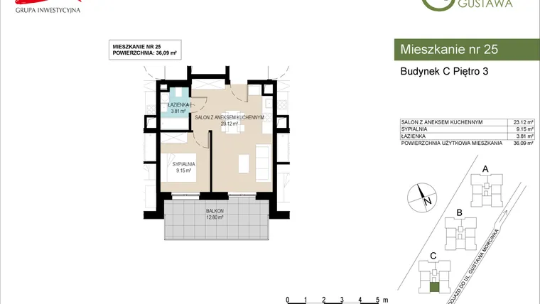 Rzut - Mieszkanie na sprzedaż 2 pokoje o powierzchni 36,09 m² - numer C25 w Wzgórze Gustawa