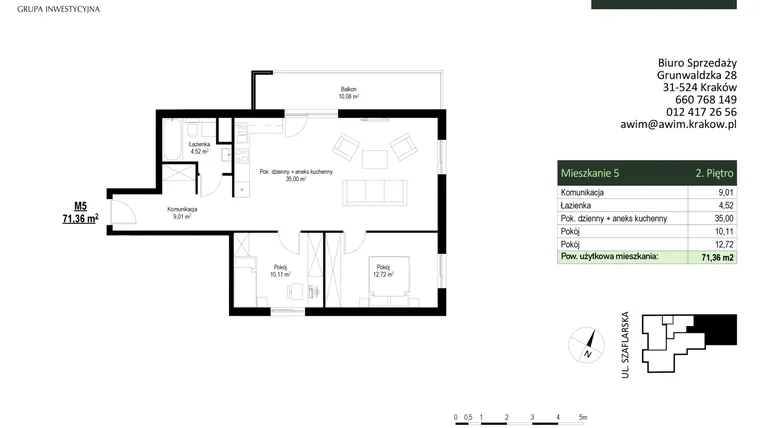 Rzut - Mieszkanie na sprzedaż 3 pokoje o powierzchni 71,36 m² - numer M5 w Szaflarska 9