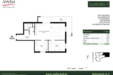 Rzut - Mieszkanie na sprzedaż 3 pokoje o powierzchni 71,39 m² - numer M2 w Szaflarska 9
