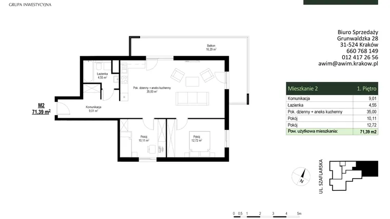 Rzut - Mieszkanie na sprzedaż 3 pokoje o powierzchni 71,39 m² - numer M2 w Szaflarska 9