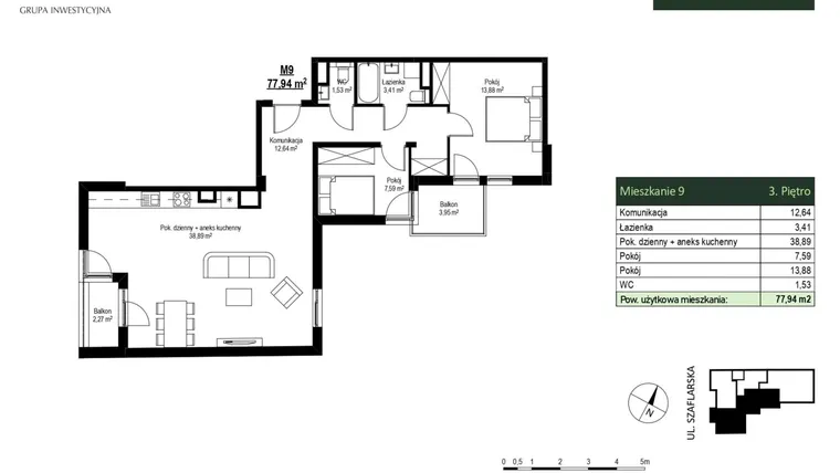 Rzut - Mieszkanie na sprzedaż 2 pokoje o powierzchni 42,06 m² - numer M9 w Szaflarska 9