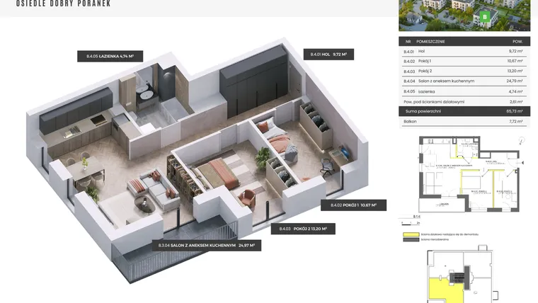 Rzut - Mieszkanie na sprzedaż 3 pokoje o powierzchni 65,73 m² - numer B.1.4 w Dobry Poranek