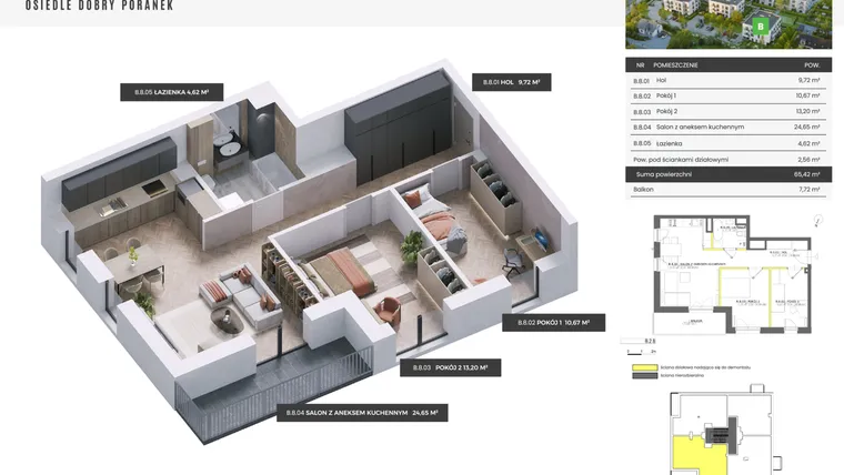 Rzut - Mieszkanie na sprzedaż 3 pokoje o powierzchni 65,42 m² - numer B.2.8 w Dobry Poranek