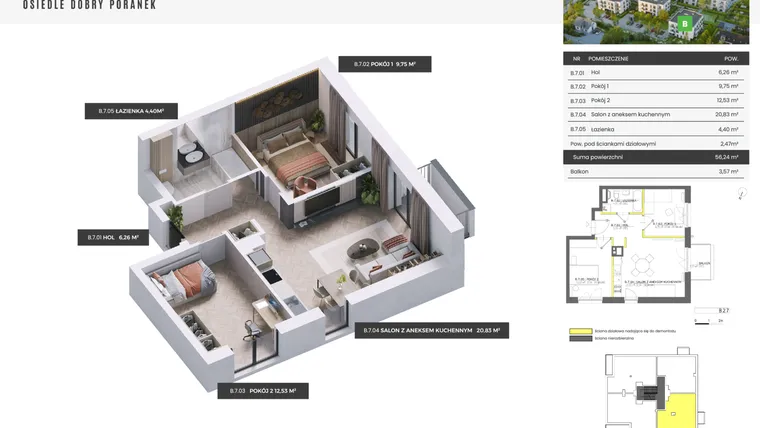 Rzut - Mieszkanie na sprzedaż 3 pokoje o powierzchni 56,24 m² - numer B.2.7 w Dobry Poranek