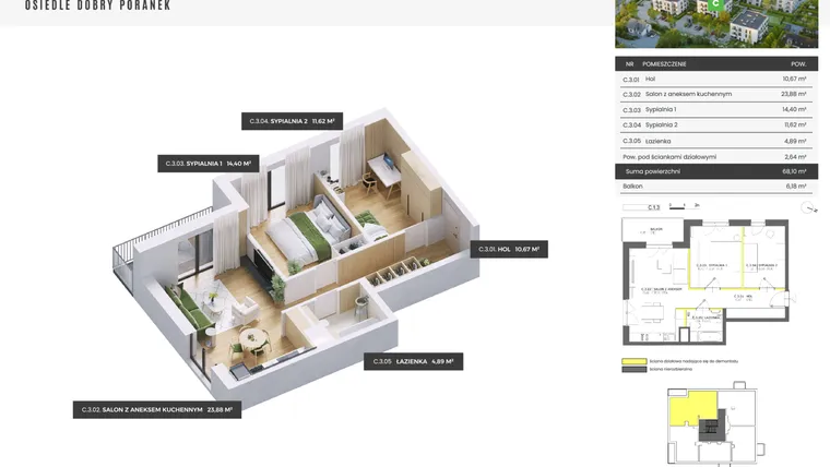 Rzut - Mieszkanie na sprzedaż 3 pokoje o powierzchni 68,1 m² - numer C.1.3 w Dobry Poranek