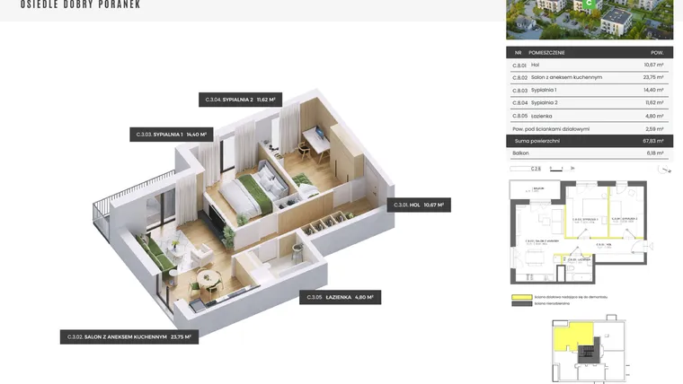 Rzut - Mieszkanie na sprzedaż 3 pokoje o powierzchni 67,83 m² - numer C.2.8 w Dobry Poranek