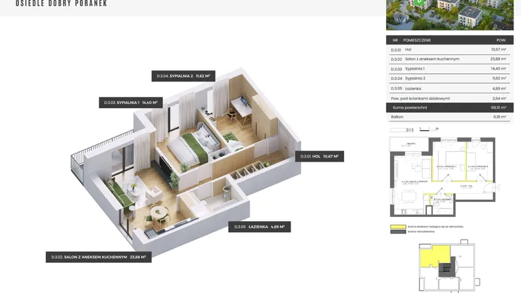 Rzut - Mieszkanie na sprzedaż 3 pokoje o powierzchni 68,1 m² - numer D.1.3 w Dobry Poranek
