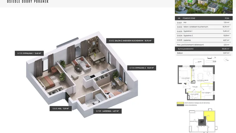 Rzut - Mieszkanie na sprzedaż 3 pokoje o powierzchni 55,66 m² - numer D.2.9 w Dobry Poranek