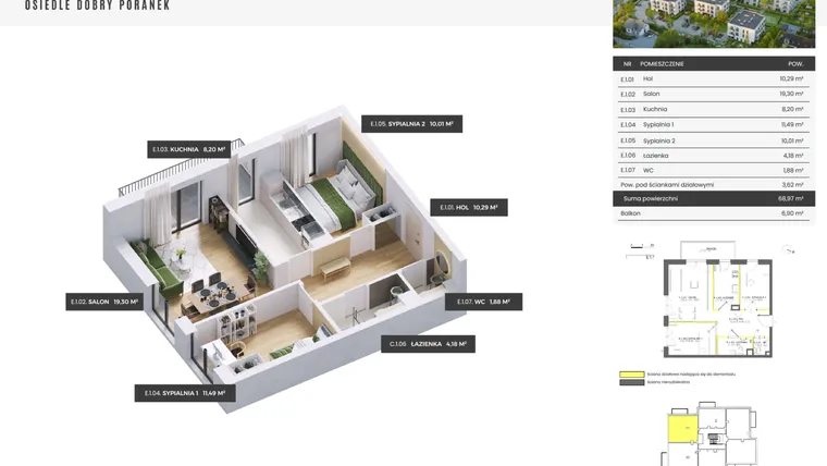Rzut - Mieszkanie na sprzedaż 3 pokoje o powierzchni 68,97 m² - numer E.1.1 w Dobry Poranek