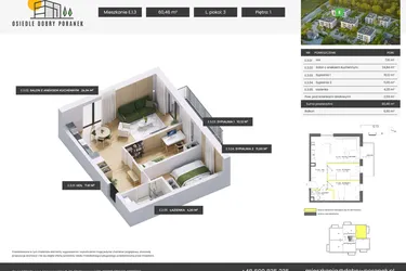 Rzut - Mieszkanie na sprzedaż 3 pokoje o powierzchni 60,46 m² - numer E.1.3 w Dobry Poranek