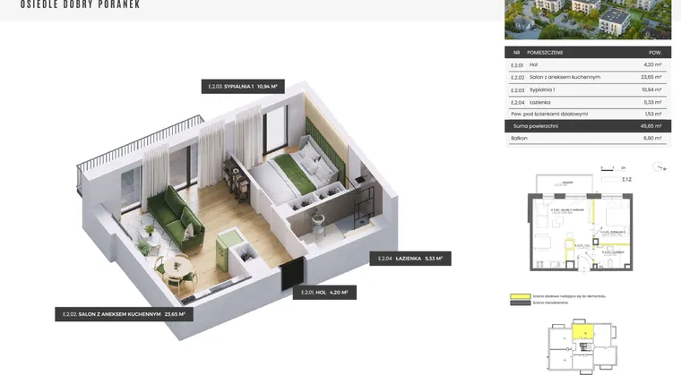 Rzut - Mieszkanie na sprzedaż 2 pokoje o powierzchni 45,65 m² - numer E.1.2 w Dobry Poranek