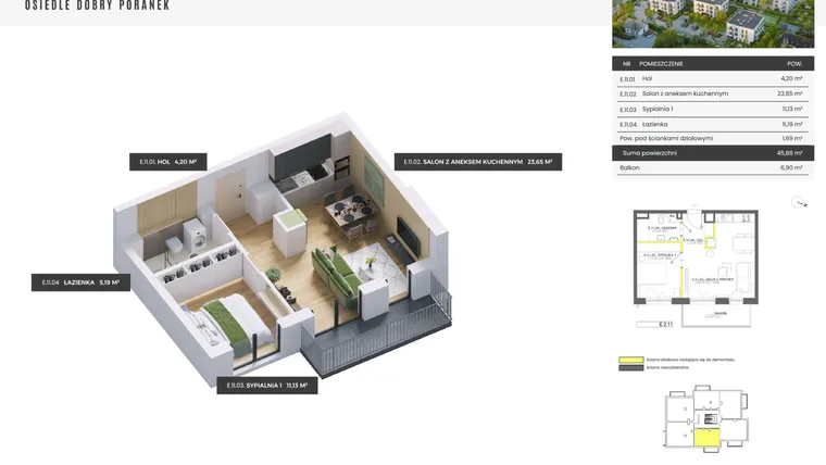 Rzut - Mieszkanie na sprzedaż 2 pokoje o powierzchni 45,86 m² - numer E.2.11 w Dobry Poranek