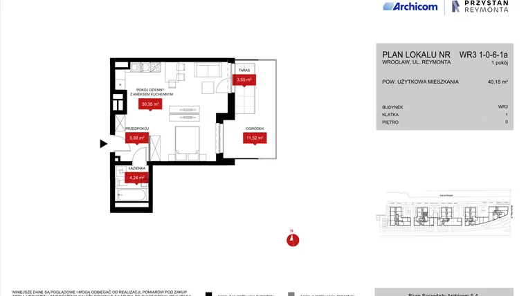 Rzut - Mieszkanie na sprzedaż 1 pokój o powierzchni 40,41 m² - numer WR3 1/0/6/1a w Przystań Reymonta etap II