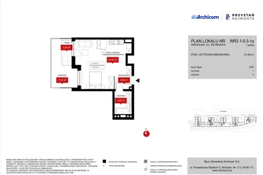 Rzut - Mieszkanie na sprzedaż 1 pokój o powierzchni 41,84 m² - numer WR3 1/0/3/1a w Przystań Reymonta etap II