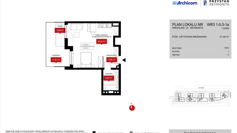 Rzut - Mieszkanie na sprzedaż 1 pokój o powierzchni 41,84 m² - numer WR3 1/0/3/1a w Przystań Reymonta etap II