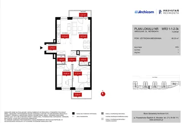 Rzut - Mieszkanie na sprzedaż 3 pokoje o powierzchni 65,33 m² - numer WR3 1/1/2/3k w Przystań Reymonta etap II