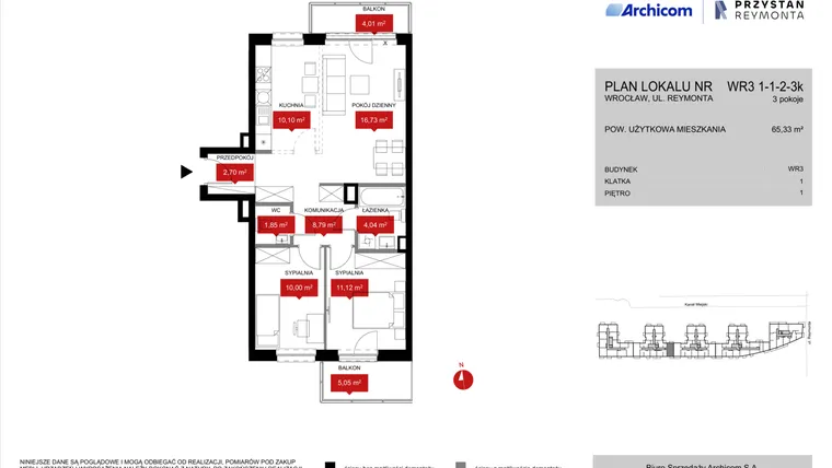 Rzut - Mieszkanie na sprzedaż 3 pokoje o powierzchni 65,61 m² - numer WR3 1/1/2/3k w Przystań Reymonta etap II