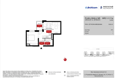 Rzut - Mieszkanie na sprzedaż 1 pokój o powierzchni 35,99 m² - numer WR3 1/1/7/1a w Przystań Reymonta etap II