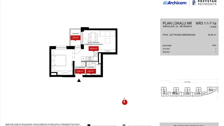 Rzut - Mieszkanie na sprzedaż 1 pokój o powierzchni 35,99 m² - numer WR3 1/1/7/1a w Przystań Reymonta etap II
