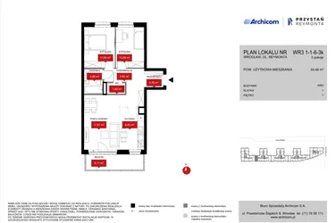 Rzut - Mieszkanie na sprzedaż 3 pokoje o powierzchni 64,78 m² - numer WR3 1/1/6/3k w Przystań Reymonta etap II