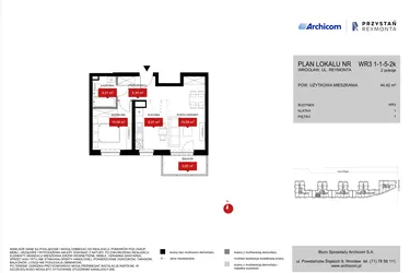 Rzut - Mieszkanie na sprzedaż 2 pokoje o powierzchni 44,42 m² - numer WR3 1/1/5/2k w Przystań Reymonta etap II