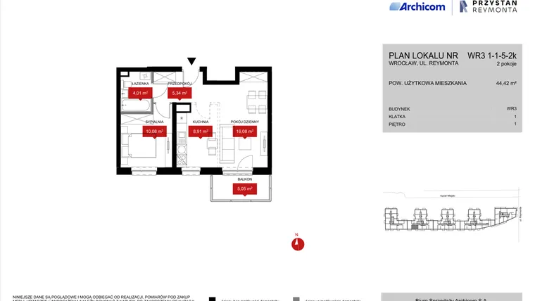 Rzut - Mieszkanie na sprzedaż 2 pokoje o powierzchni 44,57 m² - numer WR3 1/1/5/2k w Przystań Reymonta etap II