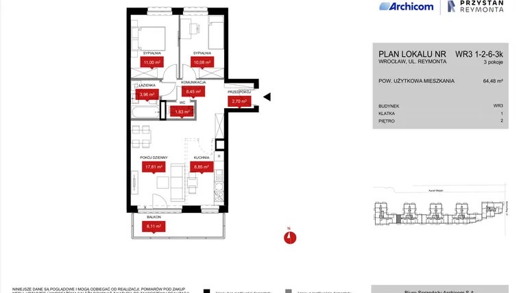 Rzut - Mieszkanie na sprzedaż 3 pokoje o powierzchni 64,65 m² - numer WR3 1/2/6/3k w Przystań Reymonta etap II